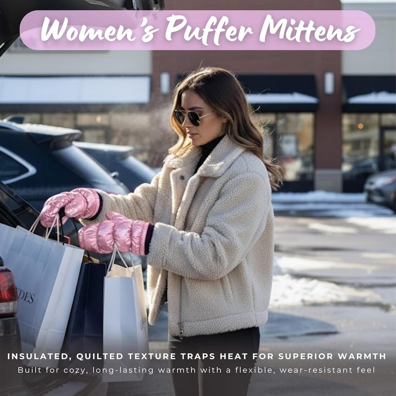 Funky Junque Women's Fleece Lined Puffer Mittens Gloves, Cold Weather Accessory for Ice Skating, Shiny Metallic Knit Cuff - Image 3